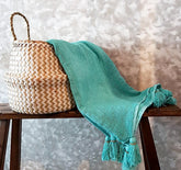 Baby Blue Raw Cotton Throw with Blue Beaded Tassels | 140×200cm Soft Lightweight Blanket